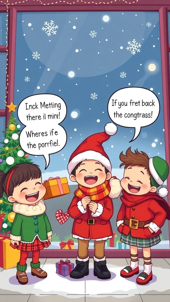 Kids laughing and sharing funny Christmas quotes in front of a decorated Christmas tree.